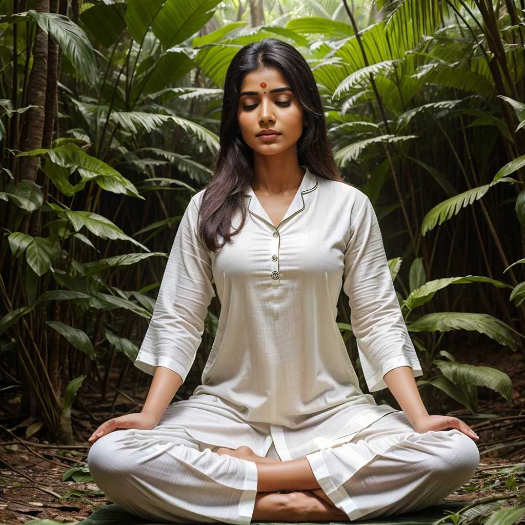 (Best Quality),(Masterpiece),(The strong sincere indian woman meditating in white kurta pyjama in the middle of jungle)