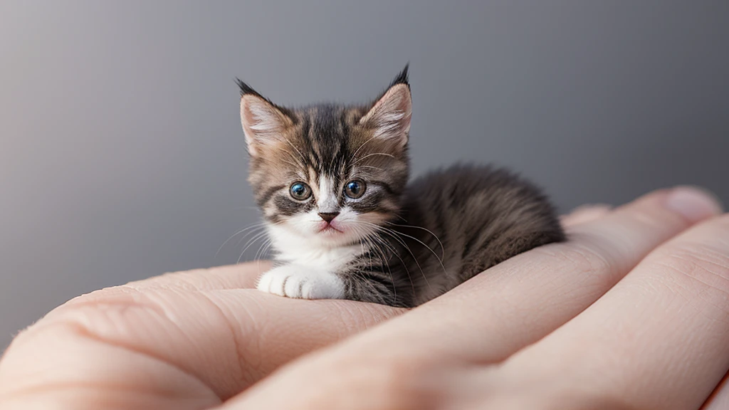 create a hyper realistic image of a ultra cute, ultra small fluffy kitty, sitting on the tip of your finger, super small, tiny, cute, background pale grey with studio lightning, ultra HD 64k hyperrealism