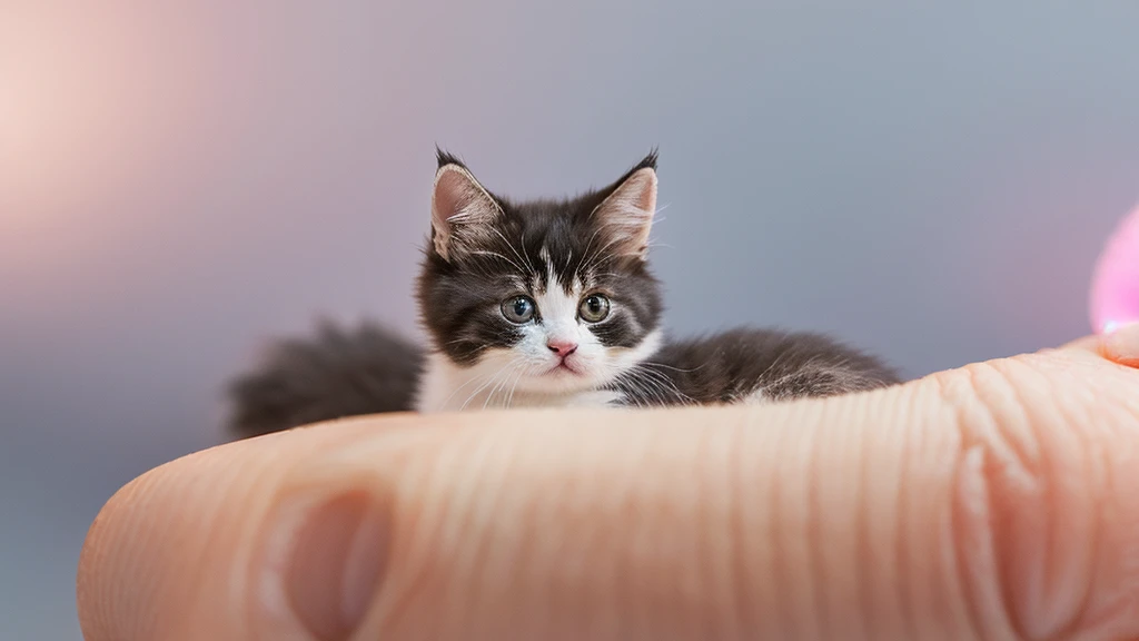 create a hyper realistic image of a ultra cute, ultra small fluffy kitty, sitting on the tip of your finger, super small, tiny, cute, background pale grey with studio lightning, ultra HD 64k hyperrealism
