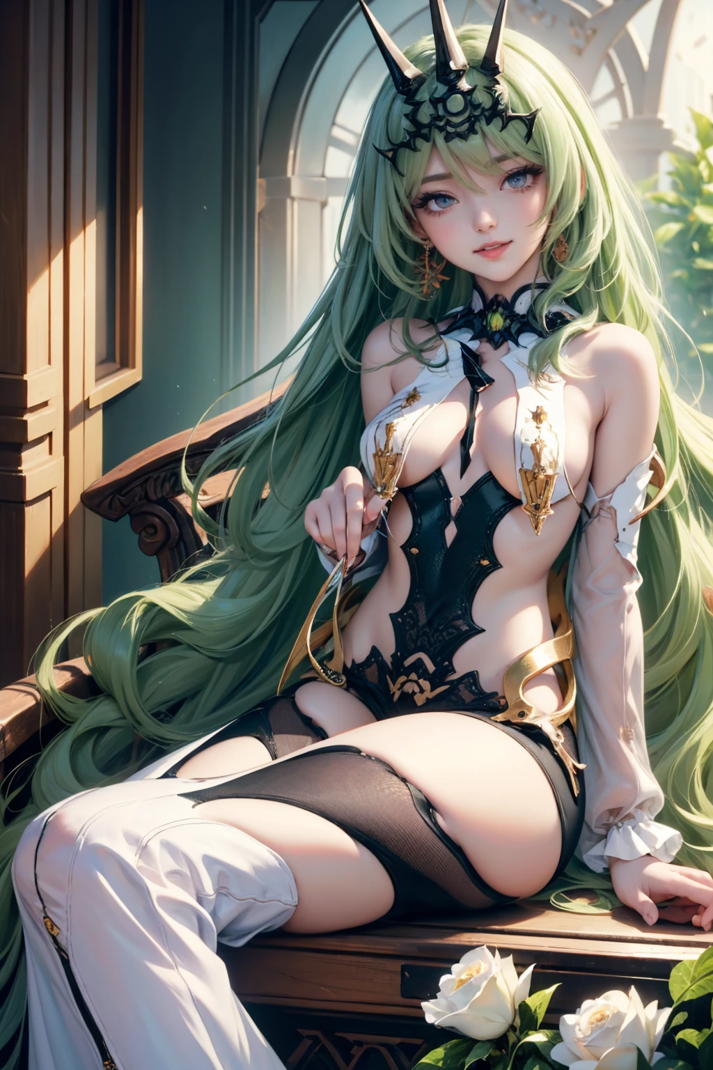 Mobius_(honkai impact 3d), white roses, ornament hair, white roses on her hair, succubus, a snake girl, perfectly body, perfectly hands, wave hair, light green hair, long hair, seat on a sofa in the garden, garden scenery, gold lantern, white dress, more details on her clothes, golden details, night, smiling, coat, ((4k, masterpiece, top-quality)),8k, best quality, high resolution, HD, (illustration:0.8), super cute girl, delicate and beautiful face, 1girl, solo, mature girl, super cute hairstyle, (beautiful detailed eyes:1.6), extremely detailed face, perfect lighting, extremely detailed CG, (perfect hands, perfect anatomy), super complex details, intricate details, Best quality, cleavage, clothes lift, skirt, lying, full Body, perfect body ,sitting, armpit