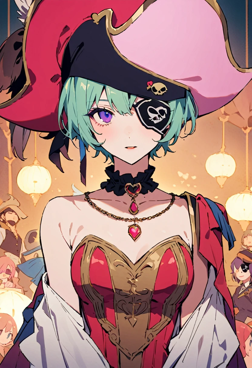 masterpiece, Highest quality, Illustration of the novel, High resolution, 18+ Adult content, Sensual, Intimate, Emotional, Passionate, romantic, sweet, Adorable, Innocent, Pure, charmな, charmな, charm, mysterious, charmな, charmな, Immersive, charmな, dream-like, Surreal, Imaginative, Whimsical, Artistic, Avant-garde, timeless, elegant, Sophisticated, chic, Sophisticated, Personality, original, charmな,((Change the pirate:1.3)),((Eye patch:1.3))、((Upper Body:1.3))