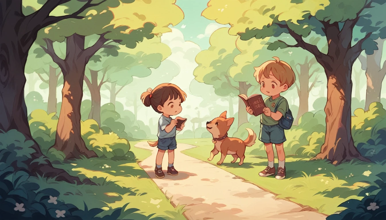 children story book illustration Children are playing with dogs in the park