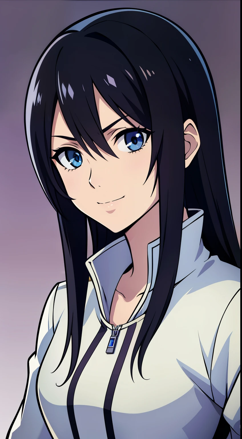 (high-quality, breathtaking),(expressive eyes, perfect face) Symmetrical Eyes, portrait, nomura tetsuya, nomura tetsuya art style, final fantasy, Kingdom Hearts, 1girl, female, black hair color, dark blue eye colors, hair between eyes, long hair length, neutral expression, feminine face, cute smile, black long sleeved jacket, open jacket, white shirt, black jeans
