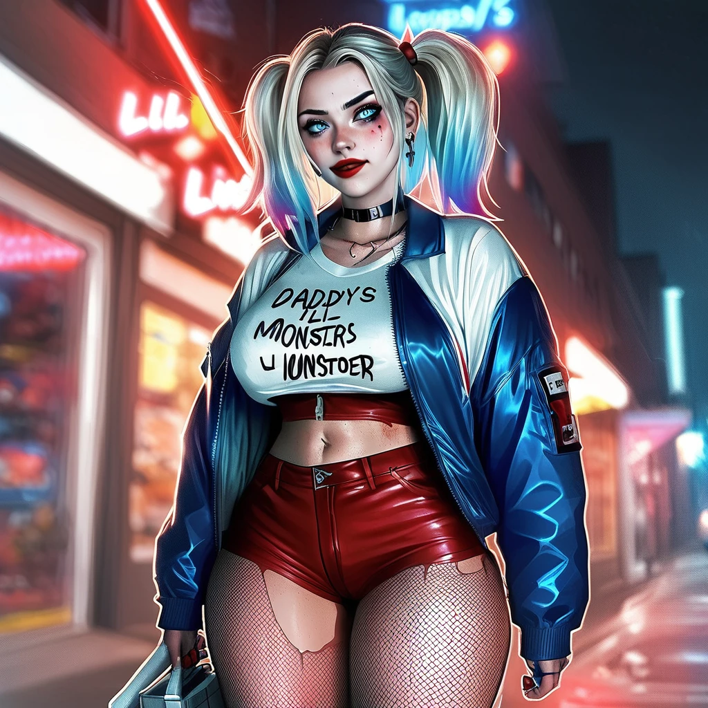 A fierce female character stands confidently in the center of a dark, psychotic smile, gritty urban street at night. She has strikingly bold makeup with heavy eyeliner and bright red lipstick. Her hair is styled in two high pigtails, with one side dyed pink and the other side dyed blue. She is dressed in a torn white shirt with "Daddy's Lil Monster" written on it, Harley Quinn look, paired with a shiny red and blue bomber jacket. She also wears a pair of fishnet stockings, very short ripped red and blue shorts, and a studded belt. She holds a baseball bat over her shoulder with a determined expression on her face. The background features blurred storefronts with neon lights, adding to the urban, chaotic atmosphere. The overall vibe of the image is rebellious and edgy.