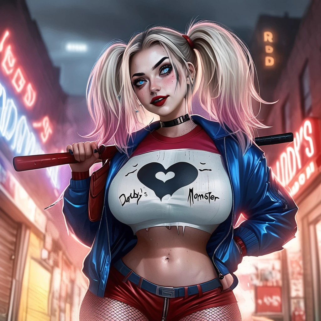 A fierce female character stands confidently in the center of a dark, psychotic smile, gritty urban street at night. She has strikingly bold makeup with heavy eyeliner and bright red lipstick. Her hair is styled in two high pigtails, with one side dyed pink and the other side dyed blue. She is dressed in a torn white shirt with "Daddy's Lil Monster" written on it, Harley Quinn look, paired with a shiny red and blue bomber jacket. She also wears a pair of fishnet stockings, very short ripped red and blue shorts, and a studded belt. She holds a baseball bat over her shoulder with a determined expression on her face. The background features blurred storefronts with neon lights, adding to the urban, chaotic atmosphere. The overall vibe of the image is rebellious and edgy.