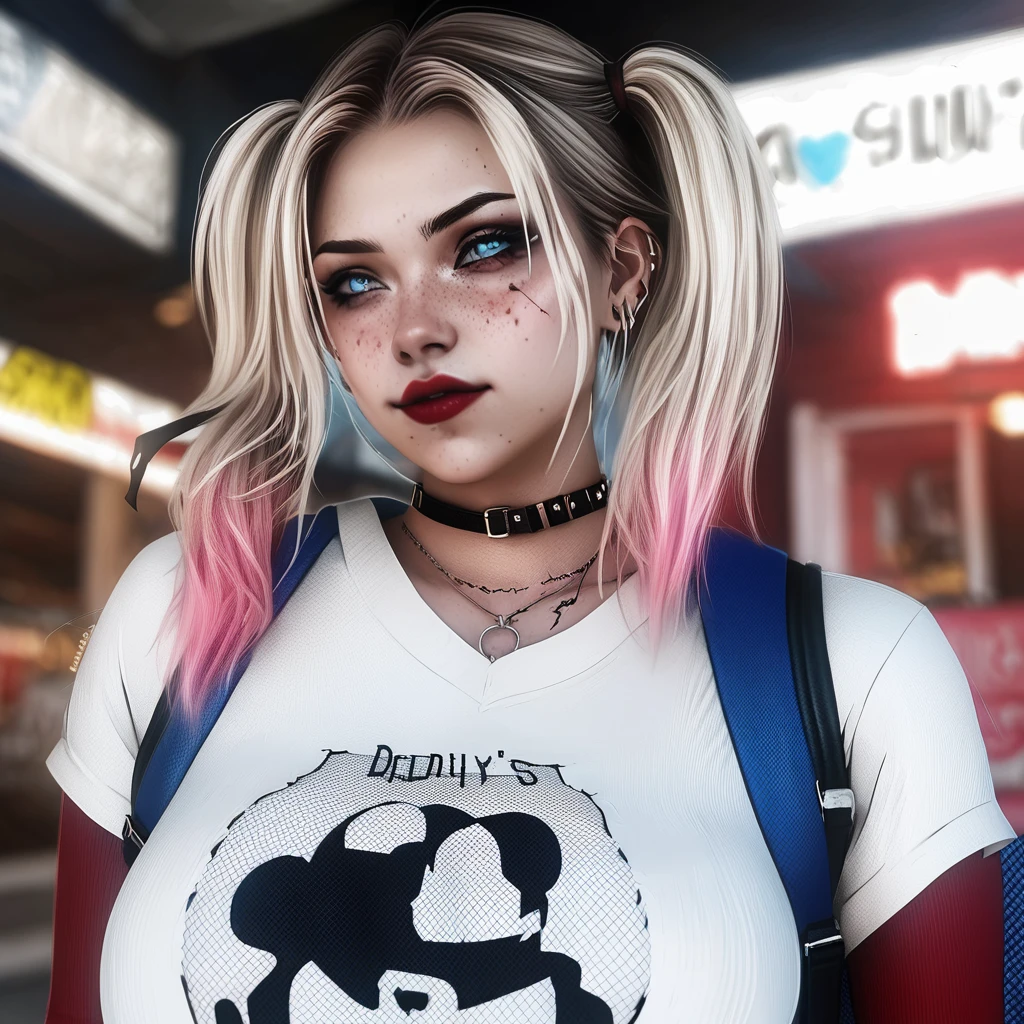 A fierce female character stands confidently in the center of a dark, psychotic smile, gritty urban street at night. She has strikingly bold makeup with heavy eyeliner and bright red lipstick. Her hair is styled in two high pigtails, with one side dyed pink and the other side dyed blue. She is dressed in a torn white shirt with "Daddy's Lil Monster" written on it, Harley Quinn look, paired with a shiny red and blue bomber jacket. She also wears a pair of fishnet stockings, very short ripped red and blue shorts, and a studded belt. She holds a baseball bat over her shoulder with a determined expression on her face. The background features blurred storefronts with neon lights, adding to the urban, chaotic atmosphere. The overall vibe of the image is rebellious and edgy.