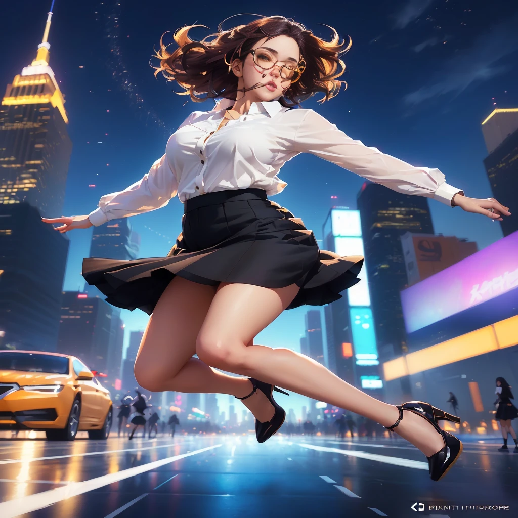 woman in a skirt and shirt jumping in the air in a city, she is dancing. realistic, trending on cgstation, urban girl fanart, smooth anime cg art, digital art ilya kuvshinov, digital anime illustration, ross tran style, giantess art, ilya kuvshinov. 4 k, cushart krenz key art feminine