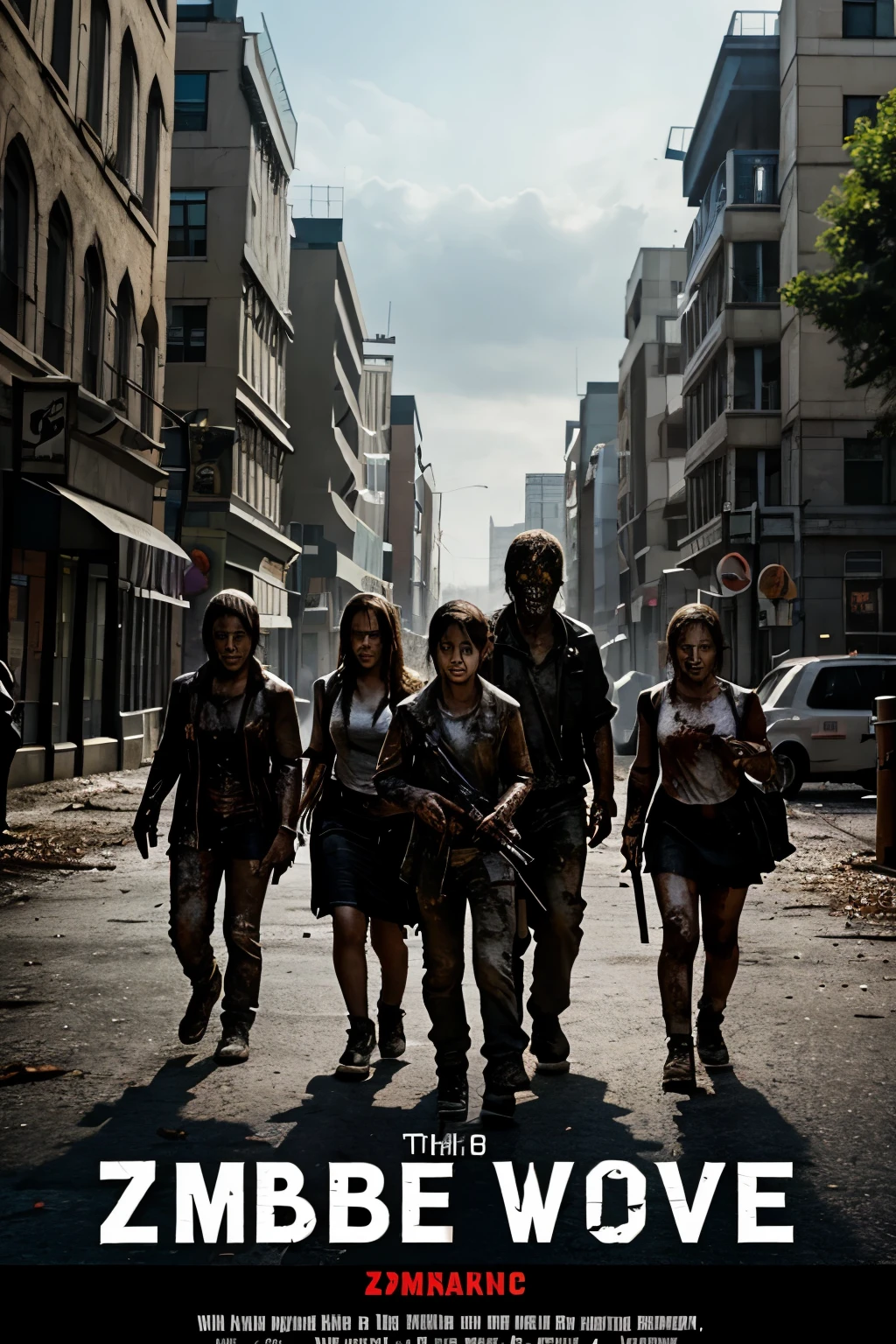 cover of a novel that tells the story of a group of young people who work together to deal with the zombie virus in the city. 2 girls and 2 boys. there are zombies around, dressed as they are, genre horror, mystery and action,