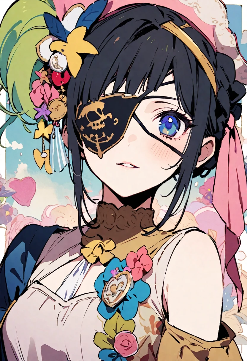 masterpiece, Highest quality, Illustration of the novel, High resolution, 18+ Adult content, Sensual, Intimate, Emotional, Passionate, romantic, sweet, Adorable, Innocent, Pure, charmな, charmな, charm, mysterious, charmな, charmな, Immersive, charmな, dream-like, Surreal, Imaginative, Whimsical, Artistic, Avant-garde, timeless, elegant, Sophisticated, chic, Sophisticated, Personality, original, charmな,((Change the pirate:1.3)),((Eye patch:1.3))、((Upper Body:1.3))