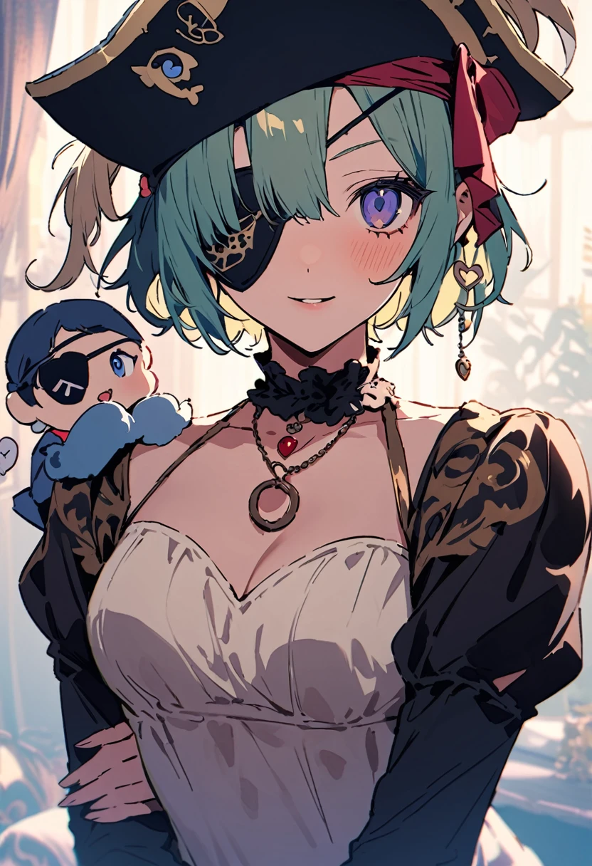 masterpiece, Highest quality, Illustration of the novel, High resolution, 18+ Adult content, Sensual, Intimate, Emotional, Passionate, romantic, sweet, Adorable, Innocent, Pure, charmな, charmな, charm, mysterious, charmな, charmな, Immersive, charmな, dream-like, Surreal, Imaginative, Whimsical, Artistic, Avant-garde, timeless, elegant, Sophisticated, chic, Sophisticated, Personality, original, charmな,((Change the pirate:1.3)),((Eye patch:1.3))、((Upper Body:1.3))