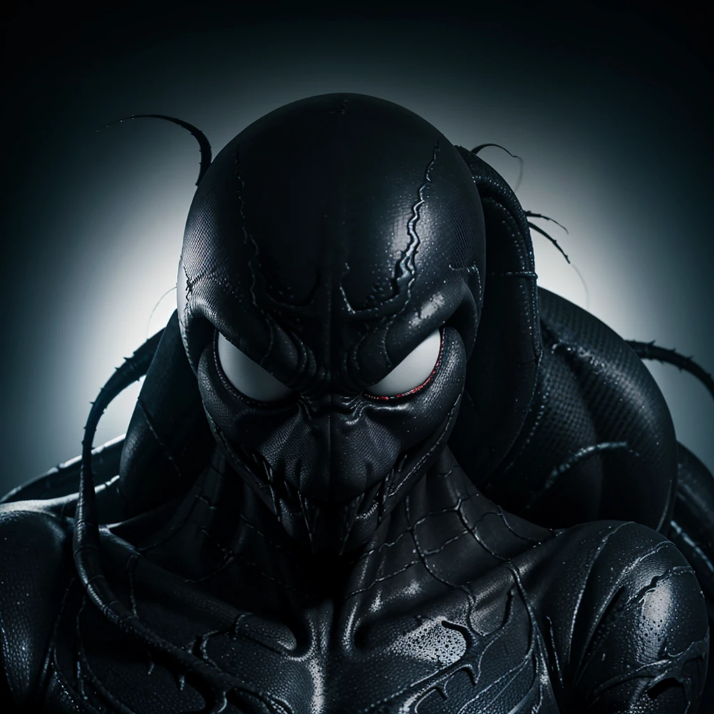 Create image Venom Super close up view, low key lighting, silhouette, ultra hd, ultra realistic carbon custom, dark grim
