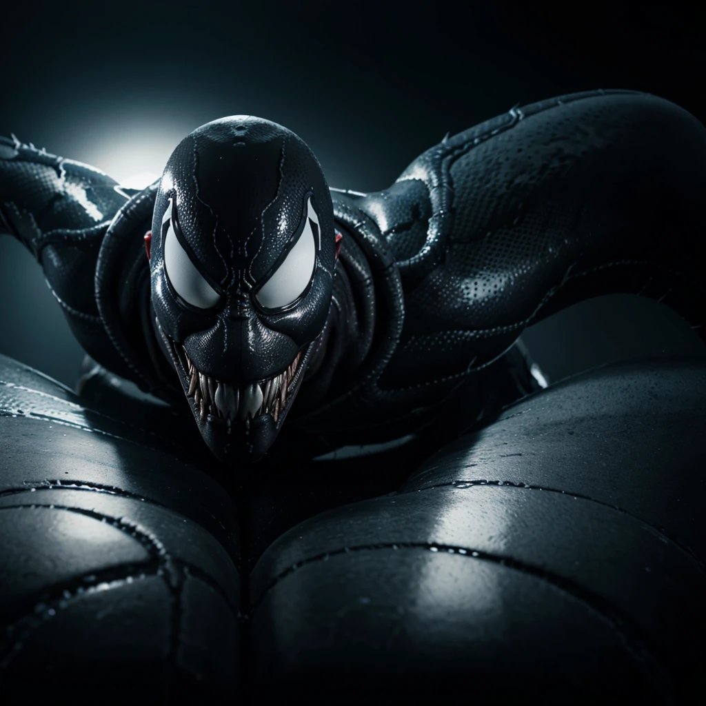 Create image Venom Super close up view, low key lighting, silhouette, ultra hd, ultra realistic carbon custom, dark grim