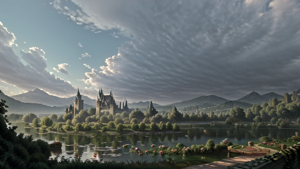 In the morning light, there is a castle by the lake. The rose garden is full of roses,surrounded by clouds and mist, It is romantic and dreamy ,super large scene,Thomas Kincaid,ultra wide Angle,high-definition picture,detailed,rendered in artstation