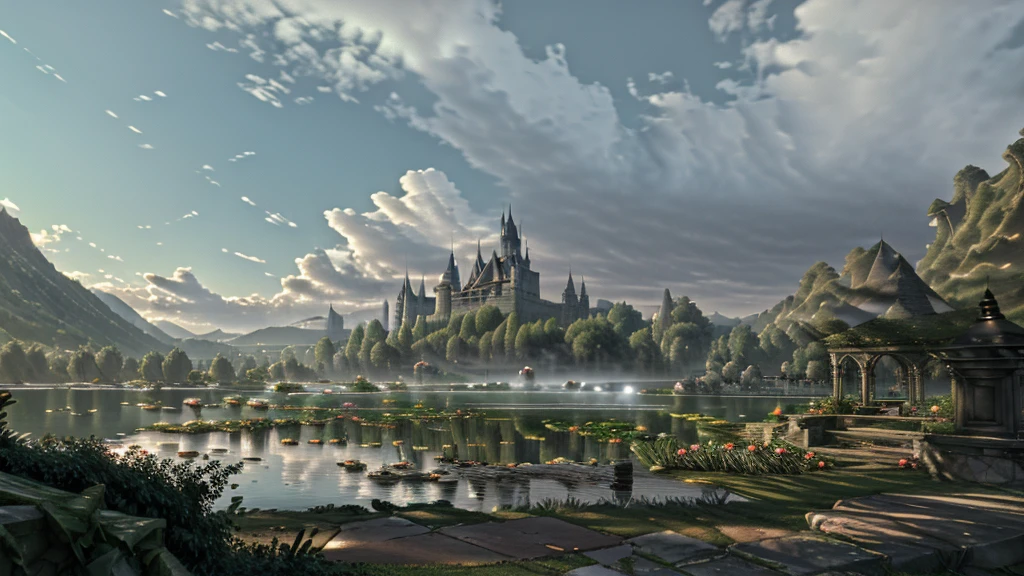 In the morning light, there is a castle by the lake. The rose garden is full of roses,surrounded by clouds and mist, It is romantic and dreamy ,super large scene,Thomas Kincaid,ultra wide Angle,high-definition picture,detailed,rendered in artstation 