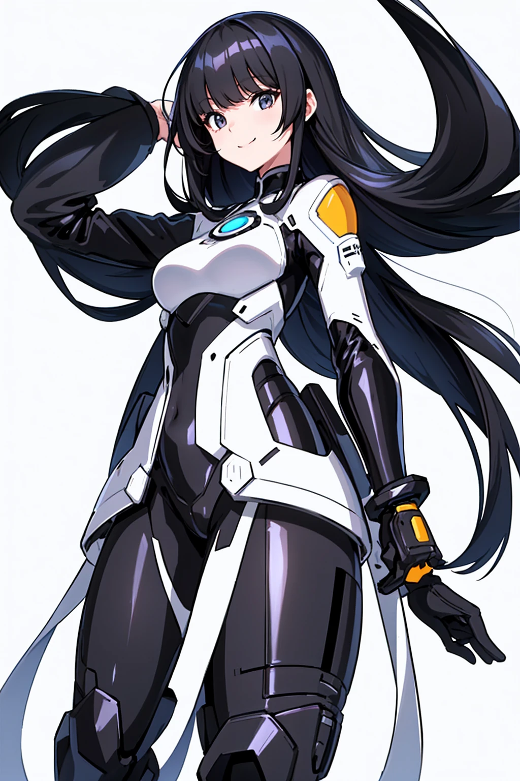 whole body,Standing posture, (alone,Shiny Hair,Hime cut,Black Hair,Long Straight Hair,) (One girl, Normal milk), (beautifully drawn face:1.2) (Plug Suit:1.3,Black clothes) smile,Cool pose,(White background)