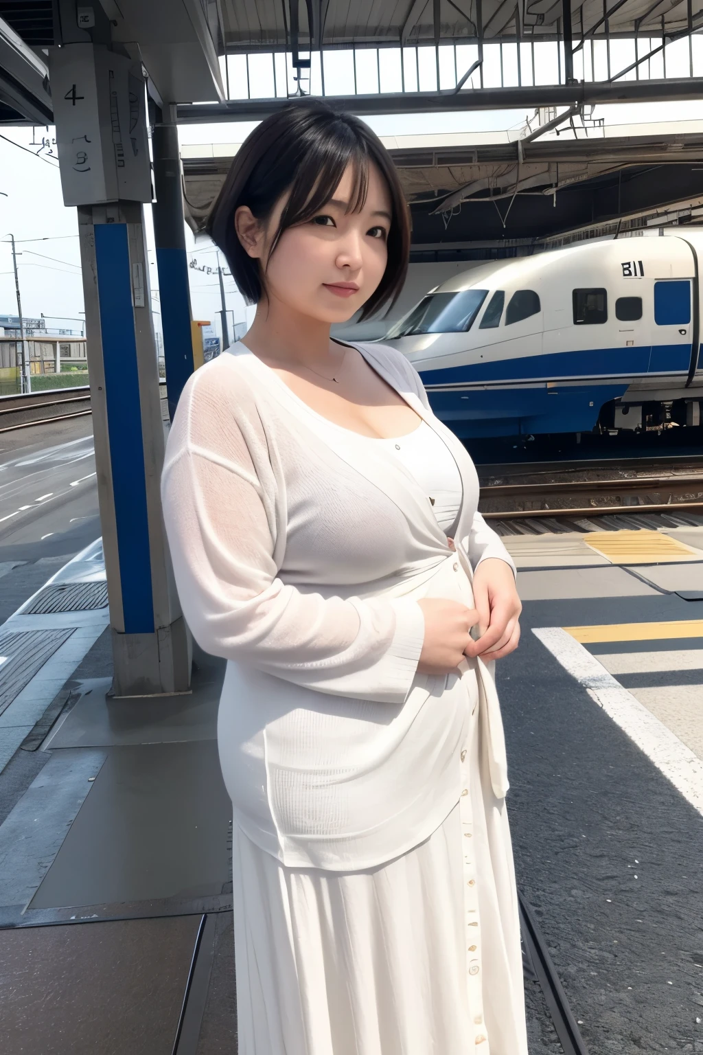 JR Ueno Station Shinkansen platform.　Now,42 years old,Married Woman,Chubby,The second affair,trip,Styled hair,Long skirt,White cardigan,The gentle eyes of an early riser,Plump breasts,A plump and gentle face,plump arms,Voluptuous feet,short hair,Summer pattern