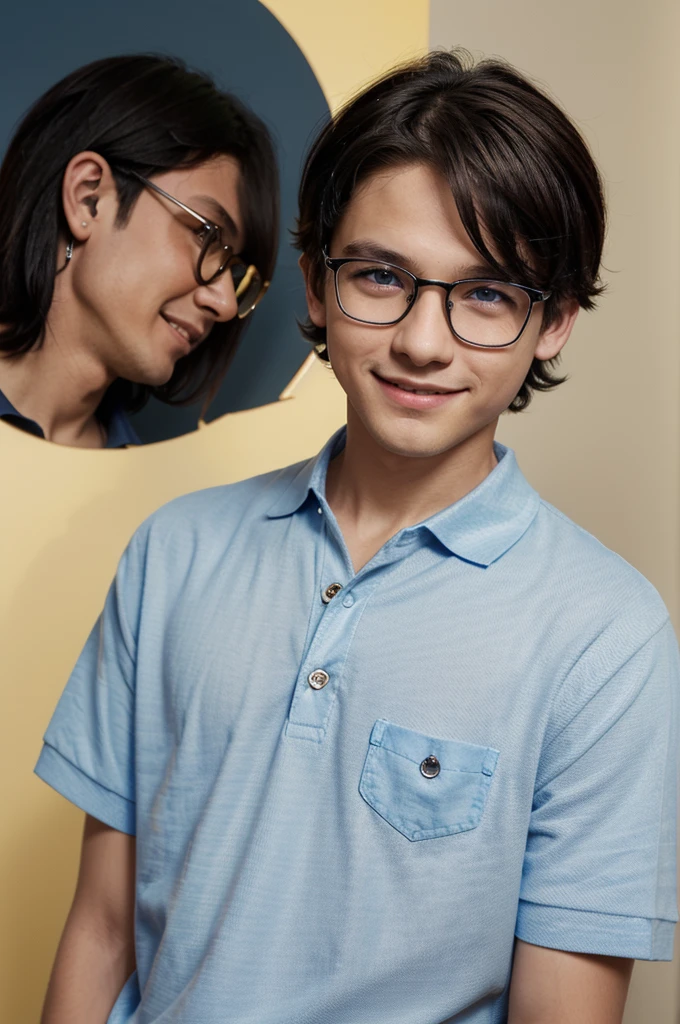 Boy, one boy,charming, Black hair with brown highlight, blue eyes, Wears Blue polo shirt with white shirt under,wears Glasses,black pierce on his left ear, standing, right hand inside the pocket, smile slightly, yellow background