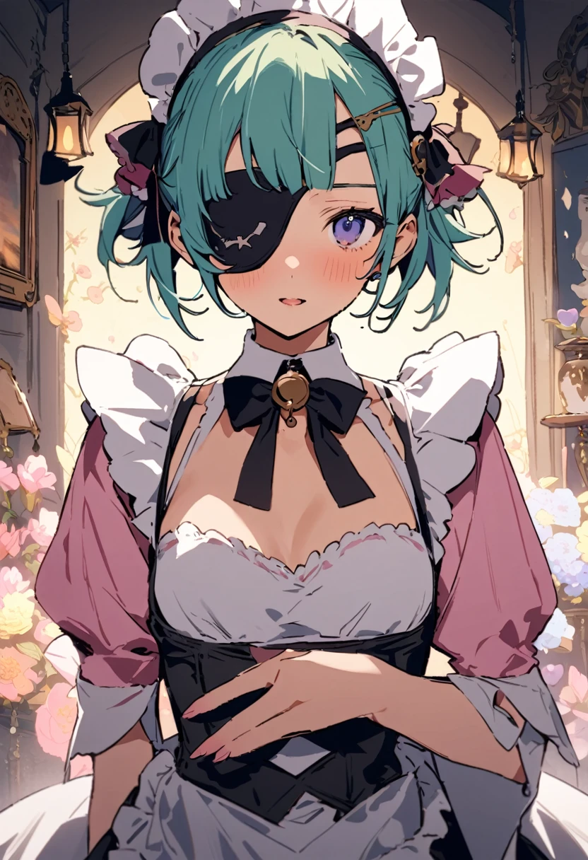 masterpiece, Highest quality, Illustration of the novel, High resolution, 18+ Adult content, Sensual, Intimate, Emotional, Passionate, romantic, sweet, Adorable, Innocent, Pure, Charmな, Charmな, Charm, mysterious, Charmな, Charmな, Immersive, Charmな, dream-like, Surreal, Imaginative, Whimsical, Artistic, Avant-garde, timeless, elegant, Sophisticated, chic, Sophisticated, personality, original, Charmな,((Maid clothes:1.3)),((Loli Pirate:1.3)),((Eye patch:1.3))、((Upper Body:1.3))