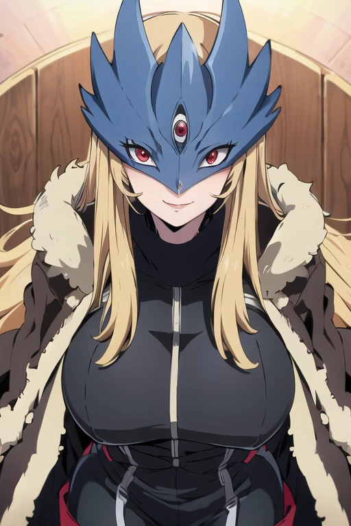 ((masterpiece,best quality)), absurdres, Beelstarmon_Digimon, 1girl, smile, solo,  blonde hair, large breasts, red eyes, sidelocks, third eye, mask,  (fur coat:1.5), cowboy shot,