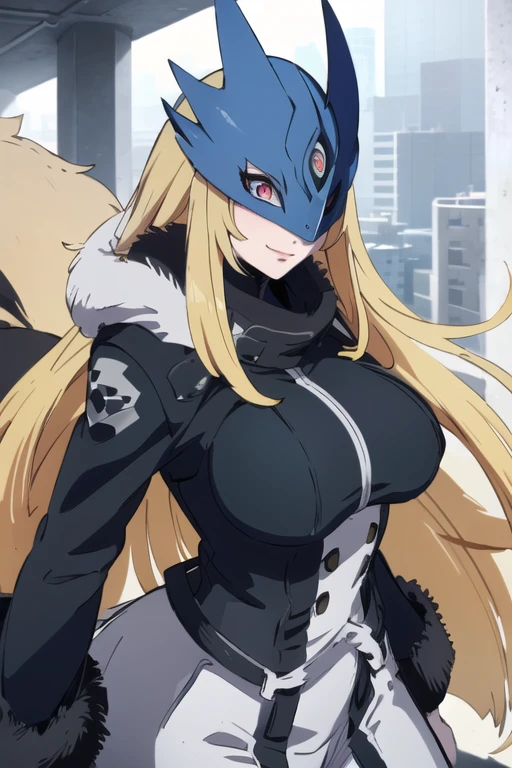 ((masterpiece,best quality)), absurdres, Beelstarmon_Digimon, 1girl, smile, solo,  blonde hair, large breasts, red eyes, sidelocks, third eye, mask,  (fur coat:1.5), cowboy shot,