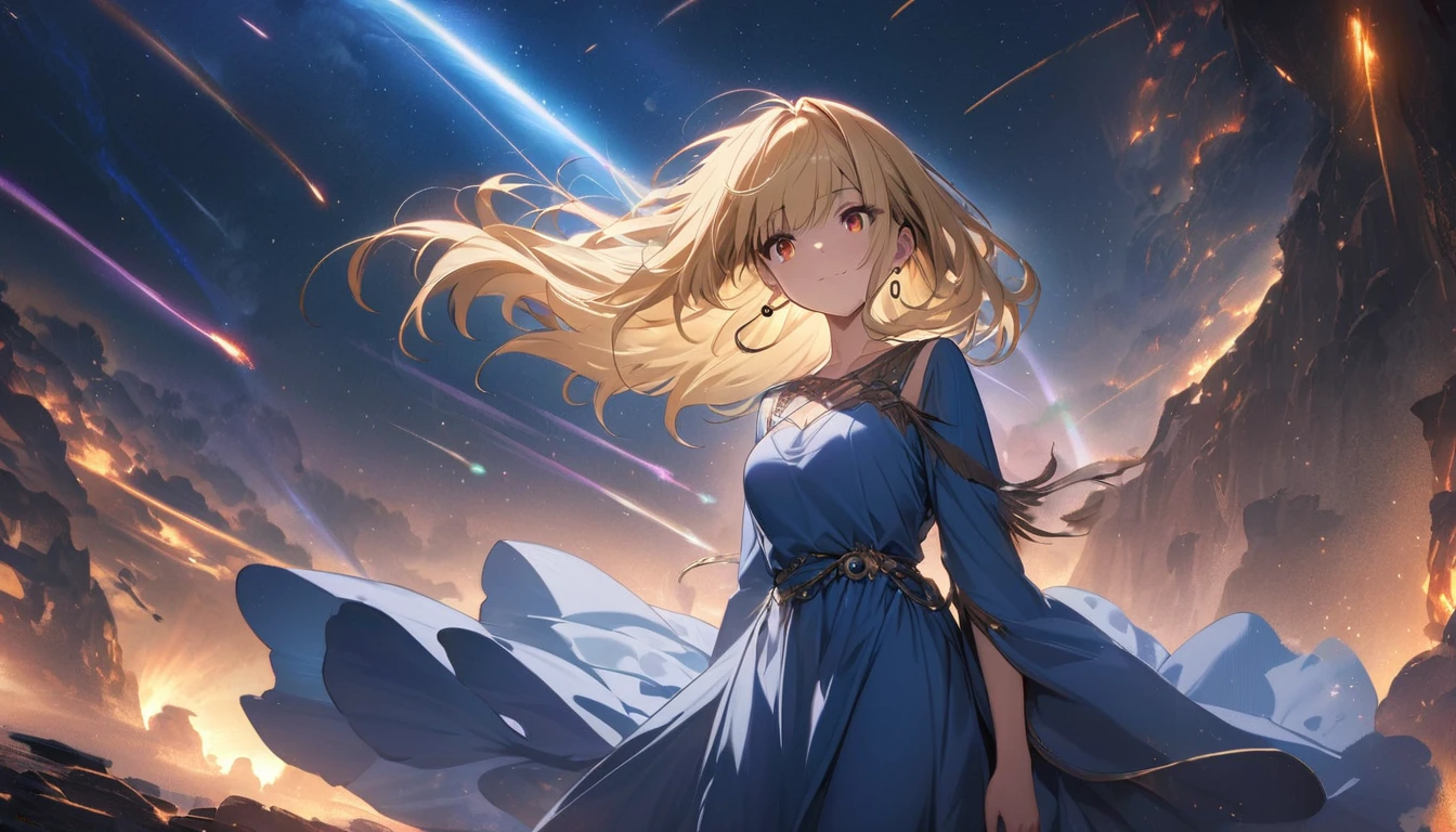Masterpiece, Top Quality, High Resolution, Super Dimensional Face, Cute Eyes, Very Beautiful Girl in Long Blue Dress Anime Character, One Beautiful Girl, Long Dress, Solo, Blue Dress, (Bob-cut Hair:1.1), Amber Eyes, Gazing, Blonde Hair, ((Hair Fluttering in Wind)), , Medium Chest, Hoop Earrings, Fluttering hair, Night sky, Meteor shower, Fantastic, Phantom moon, Light smile, Dynamic, Fantasy, Otherworldly, Mysterious place