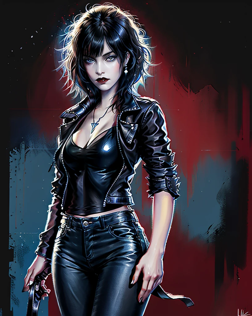 1 girl, pale skin, pixie short black hair with bangs , blue eyes, full red lips, big breasts, leather jacket, tight leather jeans, tight black t-shirt., an ultrafine detailed painting, gothic art,  