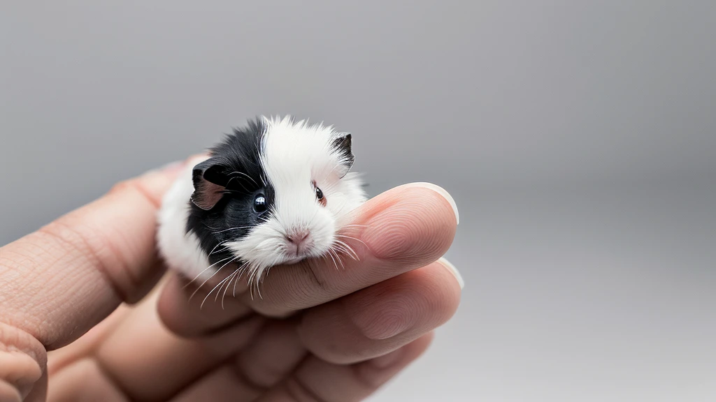 create a hyper realistic image of a ultra cute, ultra small fluffy guinea pig, sitting on the tip of your finger, super small, tiny, cute, background pale grey with studio lightning, ultra HD 64k hyperrealism