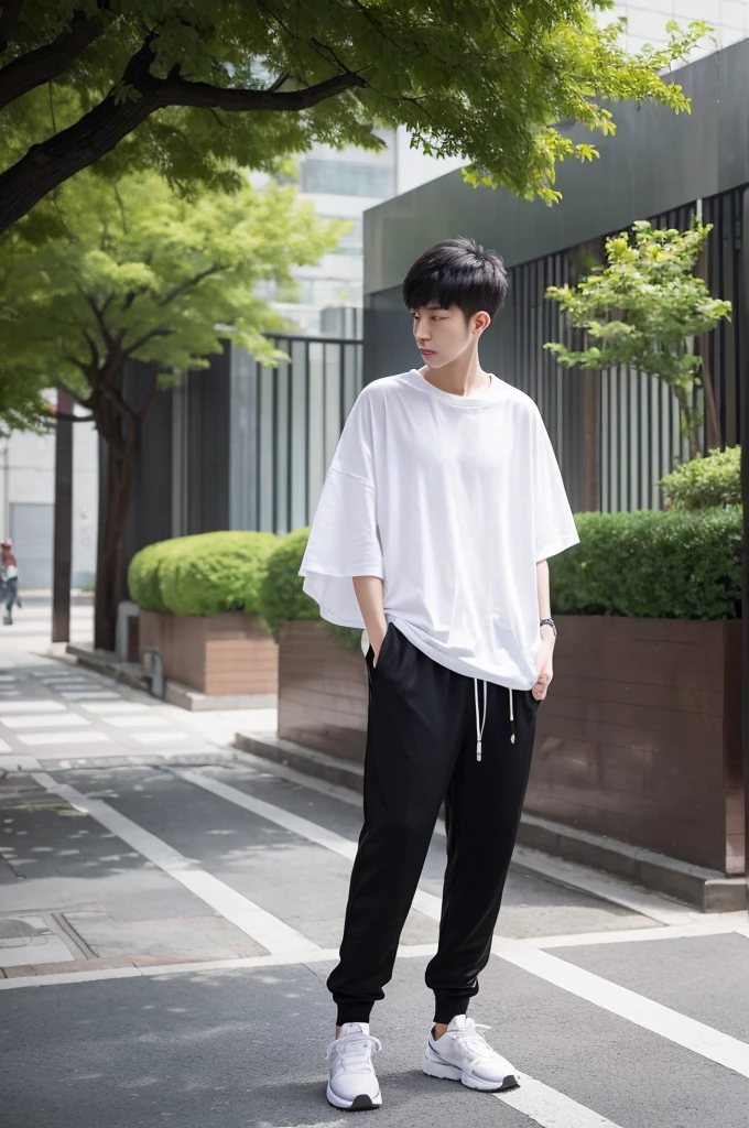 A Beijing young men, slim. wearing oversize white T shirt then black jogger pants, full body, black short cut, garden