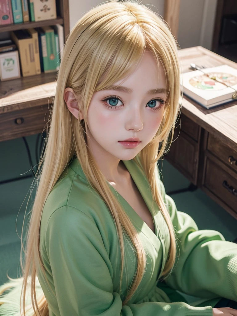 anime girl with blonde hair and green eyes staring at camera, an anime drawing inspired by Ma Yuanyu, pixiv, digital art, kawaii realistic portrait, in the art style of bowater, soft anime illustration, 🤤 girl portrait, digital anime illustration, smooth anime cg art, cute natural anime face, soft portrait, painted in anime painter studio, lofi portrait