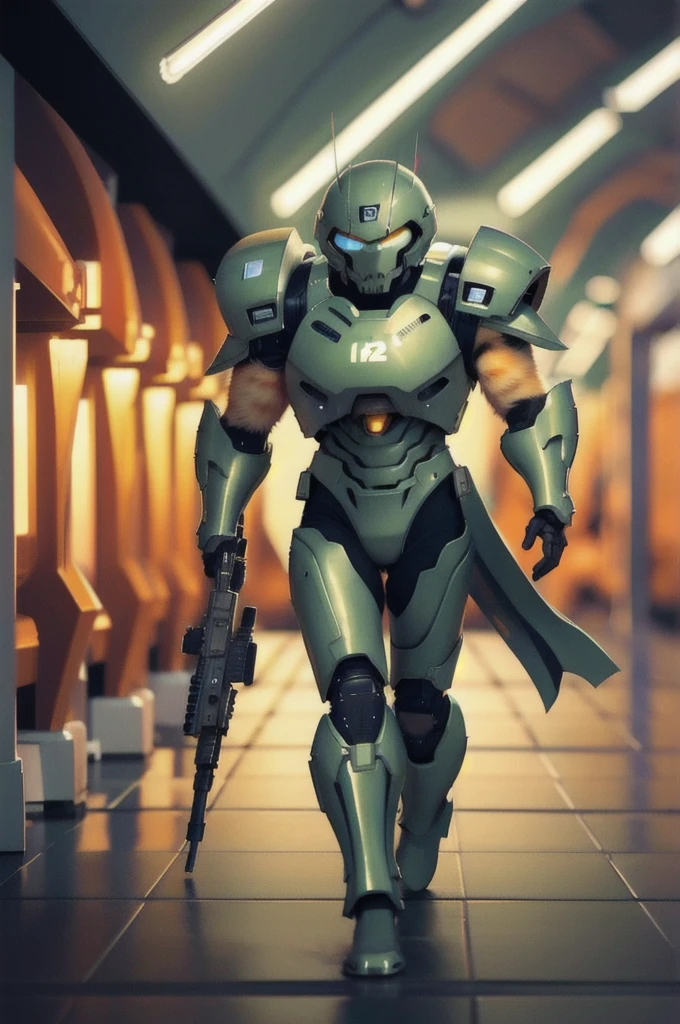 A 21 year old、Strong build、Wearing《Doom》Green Doom Marine armor and helmet、Full breasts、Strong female orange cat holding a giant futuristic rifle，walking down hallway of futuristic space station