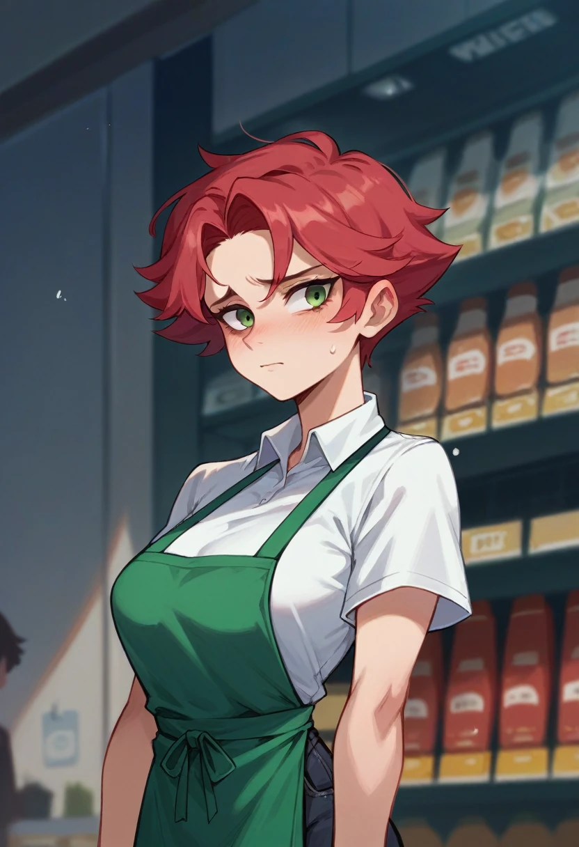 Crimson hair, meek, short hair, tomboy, female, shy, b cup breasts, convenience store worker, white polo shirt, black jeans, green apron