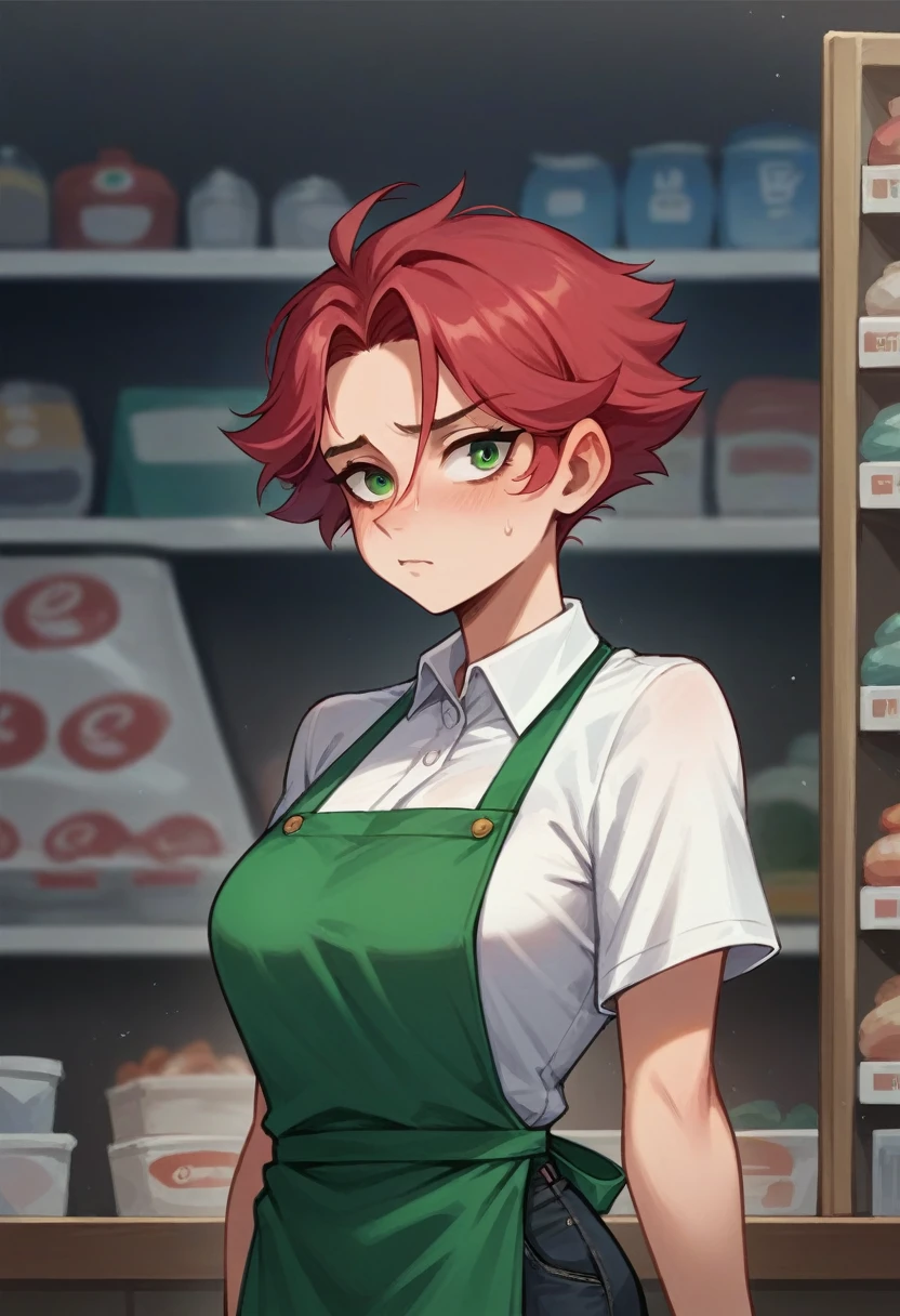 Crimson hair, meek, short hair, tomboy, female, shy, b cup breasts, convenience store worker, white polo shirt, black jeans, green apron