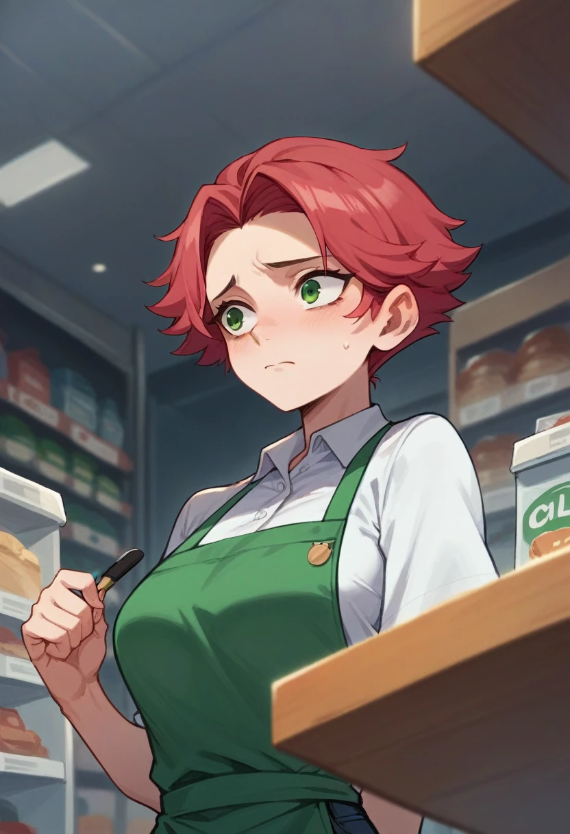 Crimson hair, meek, short hair, tomboy, female, shy, b cup breasts, convenience store worker, white polo shirt, black jeans, green apron