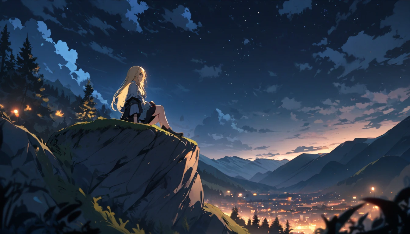 sky, 1girl, night sky, solo, outdoors, building, cloud, sitting on a rock , tree, long blond hair, sitting on a rock in the mountains with a beautiful view, ,Also have some clouds