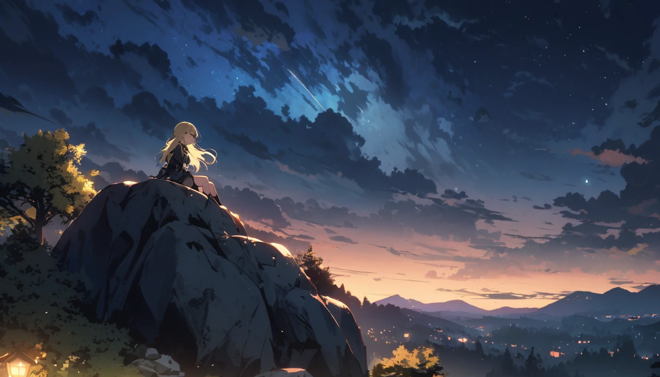 sky, 1girl, night sky, solo, outdoors, building, cloud, sitting on a rock , tree, long blond hair, sitting on a rock in the mountains with a beautiful view, ,Also have some clouds