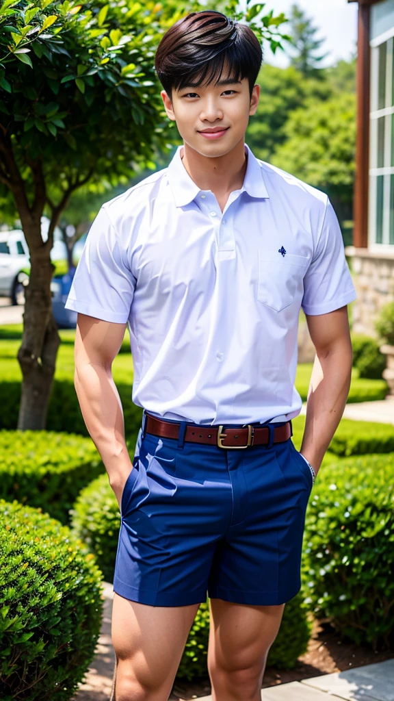 (Create a masterpiece: 1.2),(CGI art:1.3),(realistic:1.5),(After processing:1.3),(Sharp focus:1.3),10,1 man, smile, (Wear a white school shirt.), (Dark blue shorts:1.2),brown belt, Korean guy , korean men, (High gloss details), chest muscles, large arm muscles, blood vessel, Big muscles, Broad shoulders, looking at the audience, Balancing the eyes, forest, mountain, (Make eye contact)