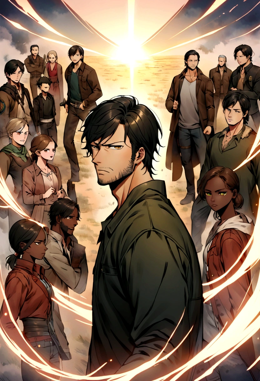 Damian Wayne 16 year old DC comics man with angry expression, vestido con una sudadera deportiva sin mangas negras y pantalones negros tipo cargo sosteniendo una katana enfrente de Rick Grimes, Daryl Dixon, Carl Grimes, Maggie Greene, Glenn Rhee, Carol Peletier y Michonne Hawthorne