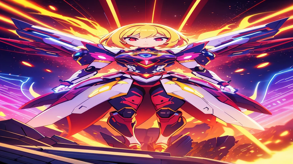 mecha magical girl, blonde hair, red eyes, mecha-themed magical girl dress, highly detailed, intricate mechanical design, glowing energy effects, dynamic pose, cinematic lighting, vibrant colors, digital painting, concept art style