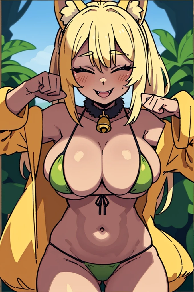 bell big breasts bikini bikini bottom bikini top blonde hair breasts brown eyes canine cleavage female female focus female only furry green bikini nipple peek nipples one eye closed thighs tied hair winking winking at viewer yellow fur