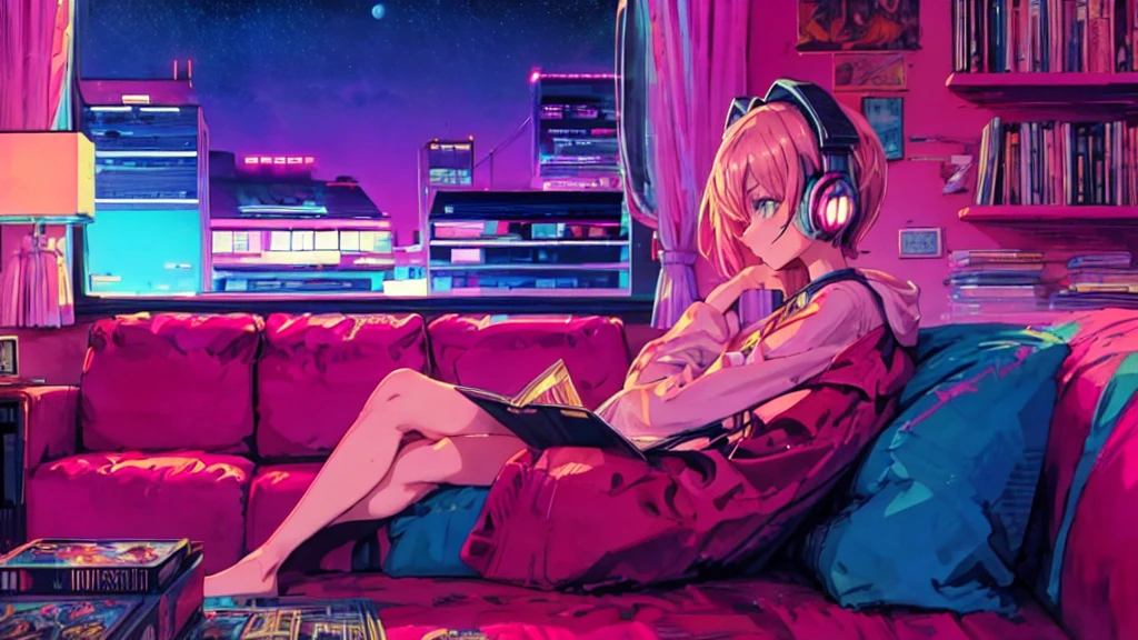 Highest quality, 4k wallpaper, masterpiece, Highly detailed CG Unity 8k wallpaper, Very fine grain, Super detailed, Intricate details, Retro art style, ((Synthwave art style)), (Girl sitting on sofa,In a cozy room,Records hanging on her wall, Comic books on the floor, Looking out the window behind her at the night city, Upholstered room, Anime figures lined up on a shelf,Wearing headphones)