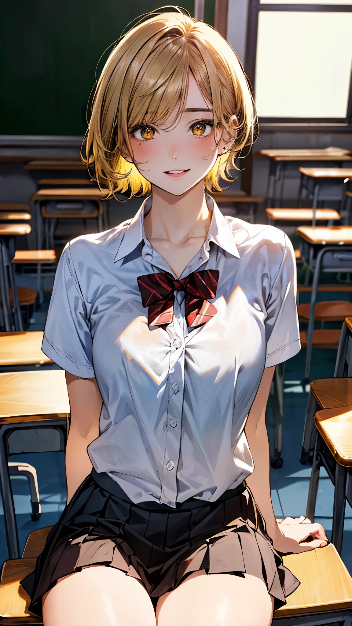 (masterpiece:1.3, top-quality, ultra high res, ultra detailed), (realistic, photorealistic:1.4), beautiful illustration, perfect lighting, natural lighting, colorful, depth of fields, ,
beautiful detailed hair, beautiful detailed face, beautiful detailed eyes, beautiful clavicle, beautiful body, beautiful chest, beautiful thigh, beautiful legs, beautiful fingers, shiny skin,
looking at viewer, 1 girl, high school girl, (perfect anatomy, anatomically correct, super detailed skin), cute and symmetrical face, babyface, perfect face, perfect eyes, ,
(short hair:1.5, pixie cut:1.2, chartreuse yellow hair), parted bangs, gold eyes, big eyes, drooping eyes, long eye lasher, (medium breasts, seductive thighs), slender, skin dendation,
detailed cloth texture, break, (short sleeve white collared shirt), break, (red brown pleated skirt), break, red bow tie, break,
(beautiful scenery), summer, evening, (school classroom:1.2), sitting desk, (lovely smile, upper eyes, parted lips),