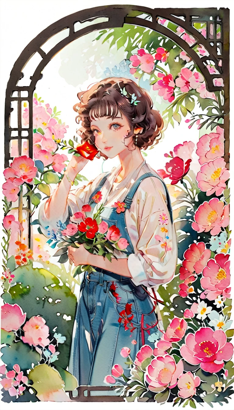 (((paper cutting style))), 1 girl, short brown curly hair, cap, shirts and denim, portfolio, lush, blooming garden