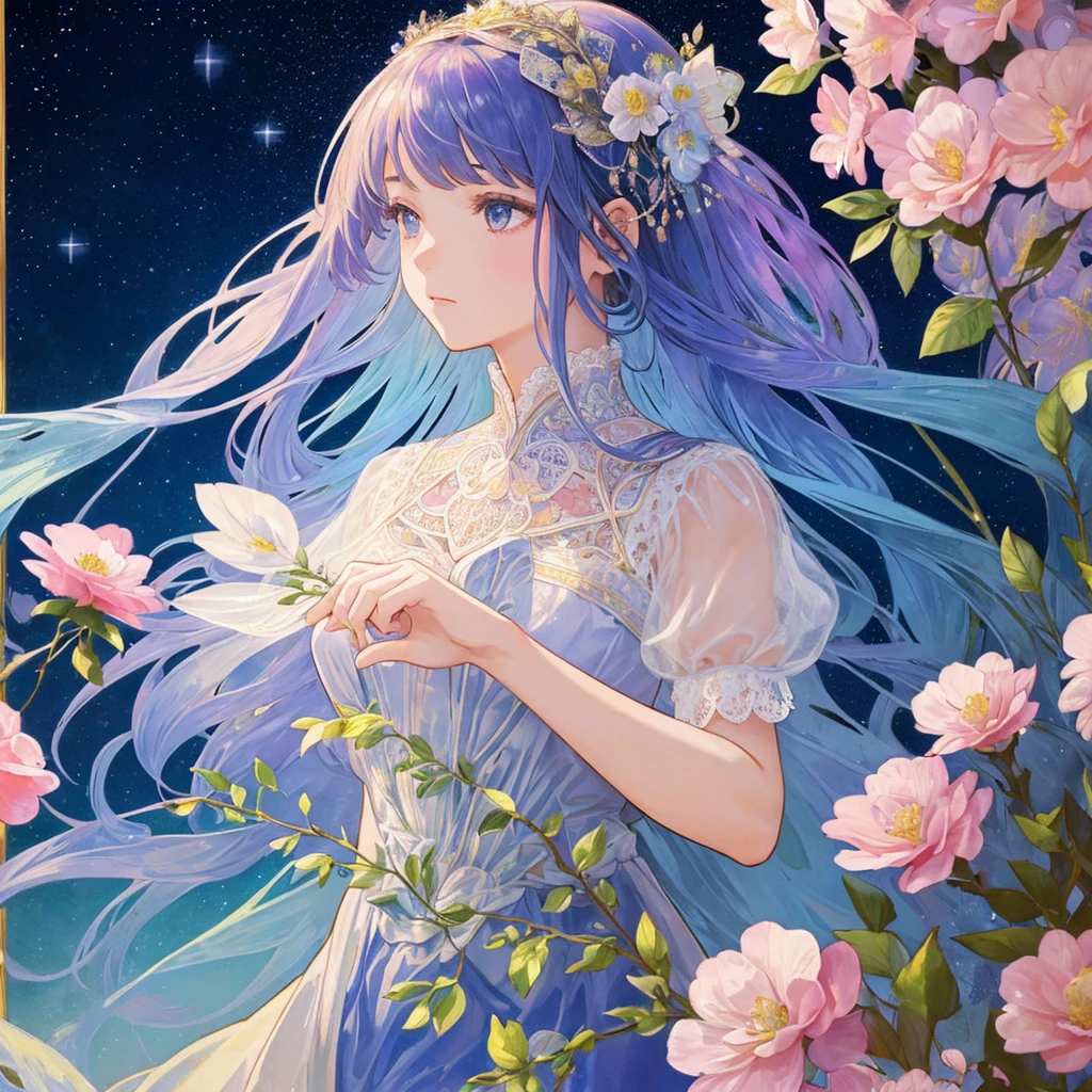(((1 girl ))), masterpiece, highest quality, beautifully、aesthetic: 1.2, gem, Quality lace, Detailed frame, Flowers, water, A beautiful girl fits into the frame, starry sky background, rainbow hair, profile, Alphonse Mucha Style, bijou, bokeh