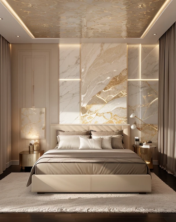 Modern bedroom design, luxurious interior, ((high resolution image, 8k, detailed anatomy of each object, rough surface, super detailed, super realistic, beautiful) spotless , surreal , spacious space , full light
