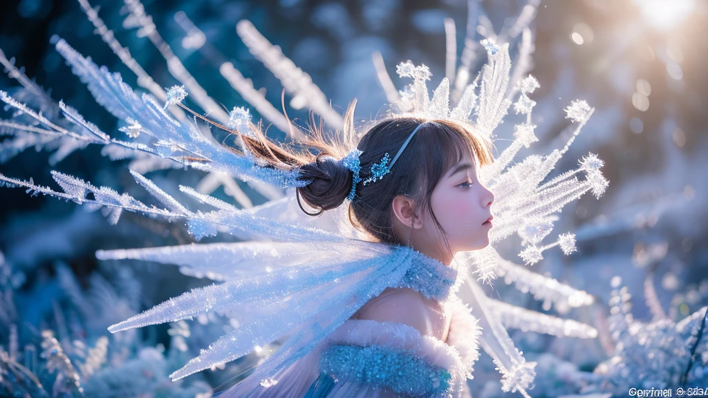 Create a photorealistic image of a young girl fairy made entirely of ice crystals. She is the mistress of frost, and she is using her breath to apply frost to flowers on a frigid morning. The frost is hyperdetailed.