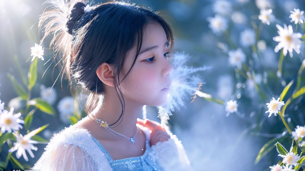 Create a photorealistic image of a young girl fairy made entirely of ice crystals. She is the mistress of frost, and she is using her breath to apply frost to flowers on a frigid morning. The frost is hyperdetailed.