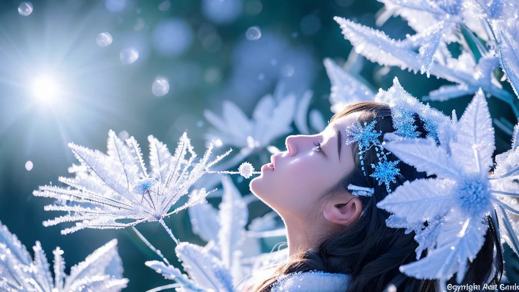 Create a photorealistic image of a young girl fairy made entirely of ice crystals. She is the mistress of frost, and she is using her breath to apply frost to flowers on a frigid morning. The frost is hyperdetailed.