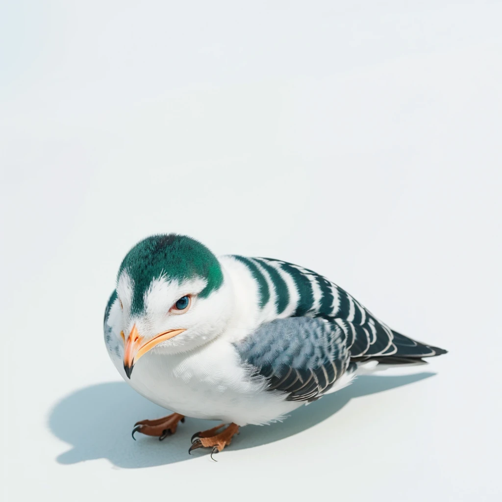 Small Animaly, has green stripes on his skin, blue eyes, seagull mixed with ant, Grassroots, no background