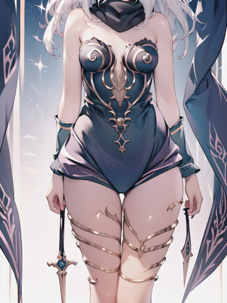 \(masterpiece, best quality, ultra-detailed\), \(illustration\), \(beautiful detailed eyes\), \(very detailed face\), ((perfect anatomy)), \(1girl\), \(solo\), gdkat, dark skin, dark-skinned female, hairband, leotard, strapless, leg warmers, high heels, vambraces, black scarf, bare shoulders thighs, hip bones,