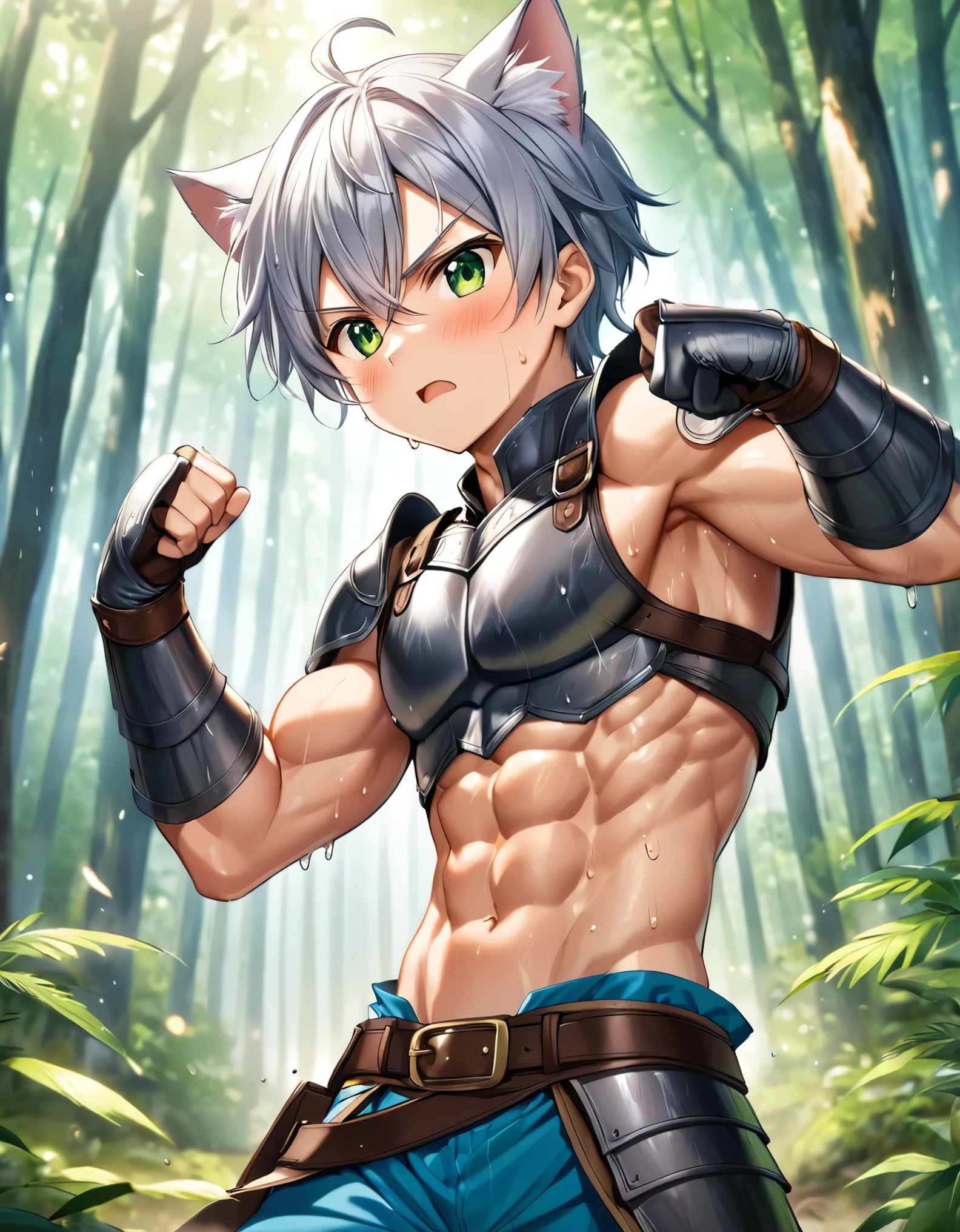 ***ung boy, cat ear, very long blue-ish silver hair covering back, green eyes, blushing, chiseled abs, chiseled pecs, sweating, profuse sweating, leather armor, showing abs, blushing, shota, (************), handsome, cute, serious expression, battle stance, forest